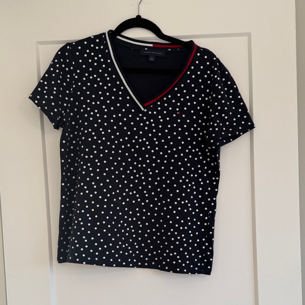 Tommy Hilfiger Navy and White Polka Dot V-Neck Tee